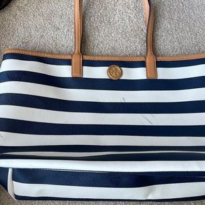 Tory Burch Kerrington Navy and White Striped Tote